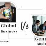 A comparison of global vs. general business. On the left, a man holds a globe, symbolizing global business. On the right, two men work on a laptop, representing general business.